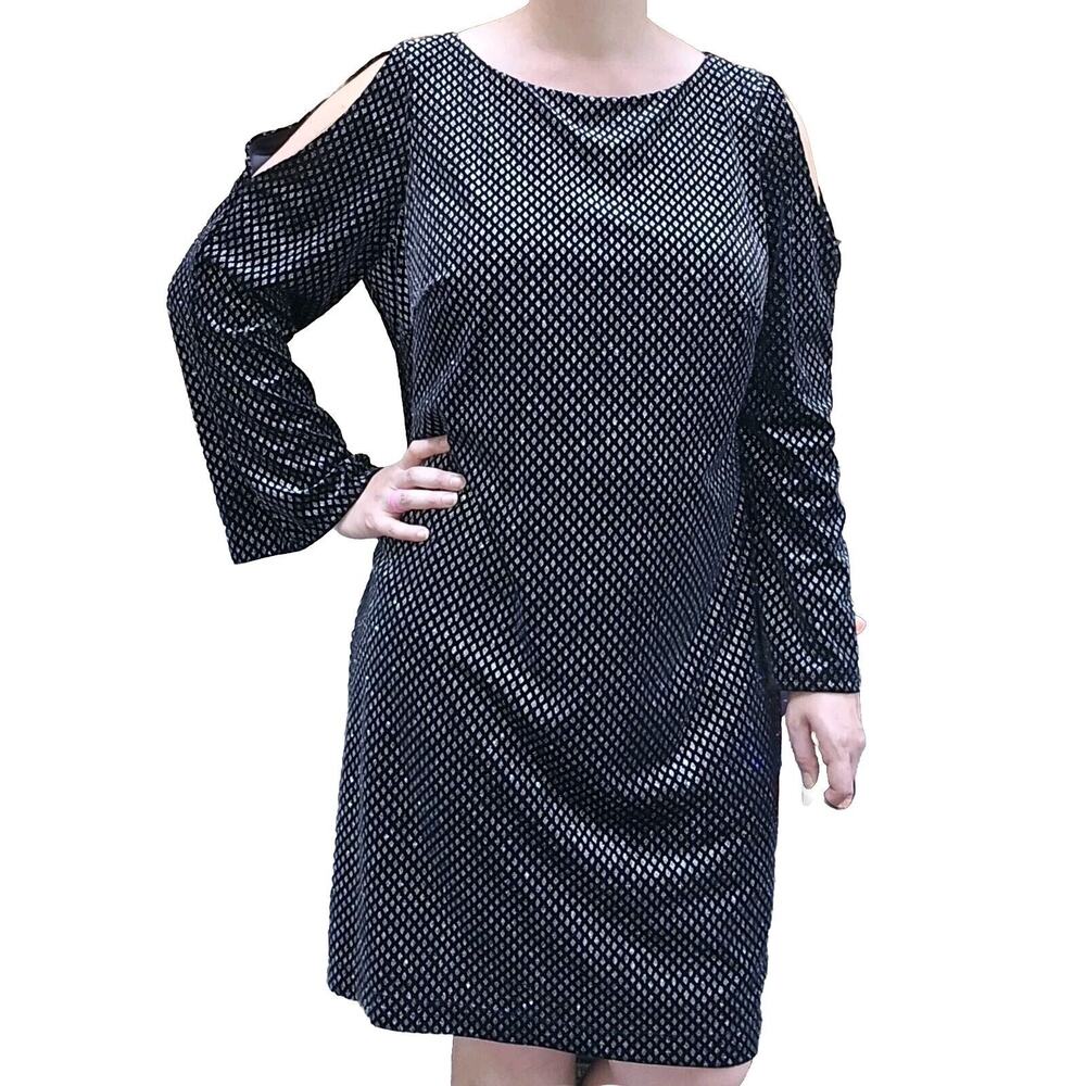 Jessica Howard Plus Size A-Line Black Silver Flare Shoulder LS‎ Dress NWT 18W